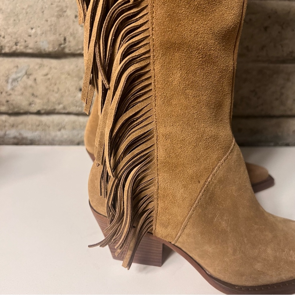 Dolce Vita Tan Suede Fringe Heeled Boots - Picture 3 of 9